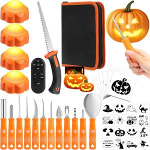 41 Pcs Halloween Pumpkin Carving Kit Include 12 Pcs Stainless Steel Carving Tools, 4 LED Lights with Remote, 24 Stencils and Double Sided Saw, DIY Decoration Supplies for Pumpkin