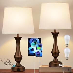 Upgraded Touch Lamps for Night Stands Set of 2 - Bedside Lamps with USB C+A, 3 Way Dimmable for Bedroom Living Room End Tables Office (White&Brown) (E. White Shade & Brown Base)