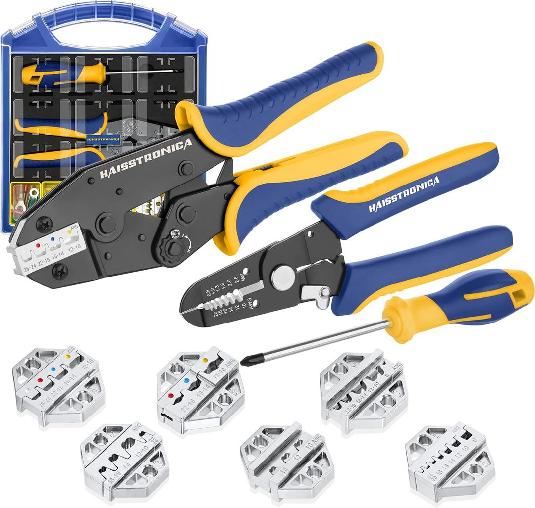 haisstronica Crimping Tool Set - 6PCS Crimping Die for Heat Shrink,Insulated Nylon,Non-Insulated,Ferrule Wire End,Open Barrel Terminals,Solar Connectors - with Wire Stripper Tool and Screwdriver