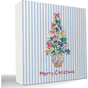 kunlisa Chinoiserie Christmas Tree Wooden Sign, Preppy Christmas Decor, Coquette Colorful Bow Xmas Tree Grandmillennial Wood Box Sign for Home Office Desk Tabletop Shelf Wall Decorations, 5x5 Inch