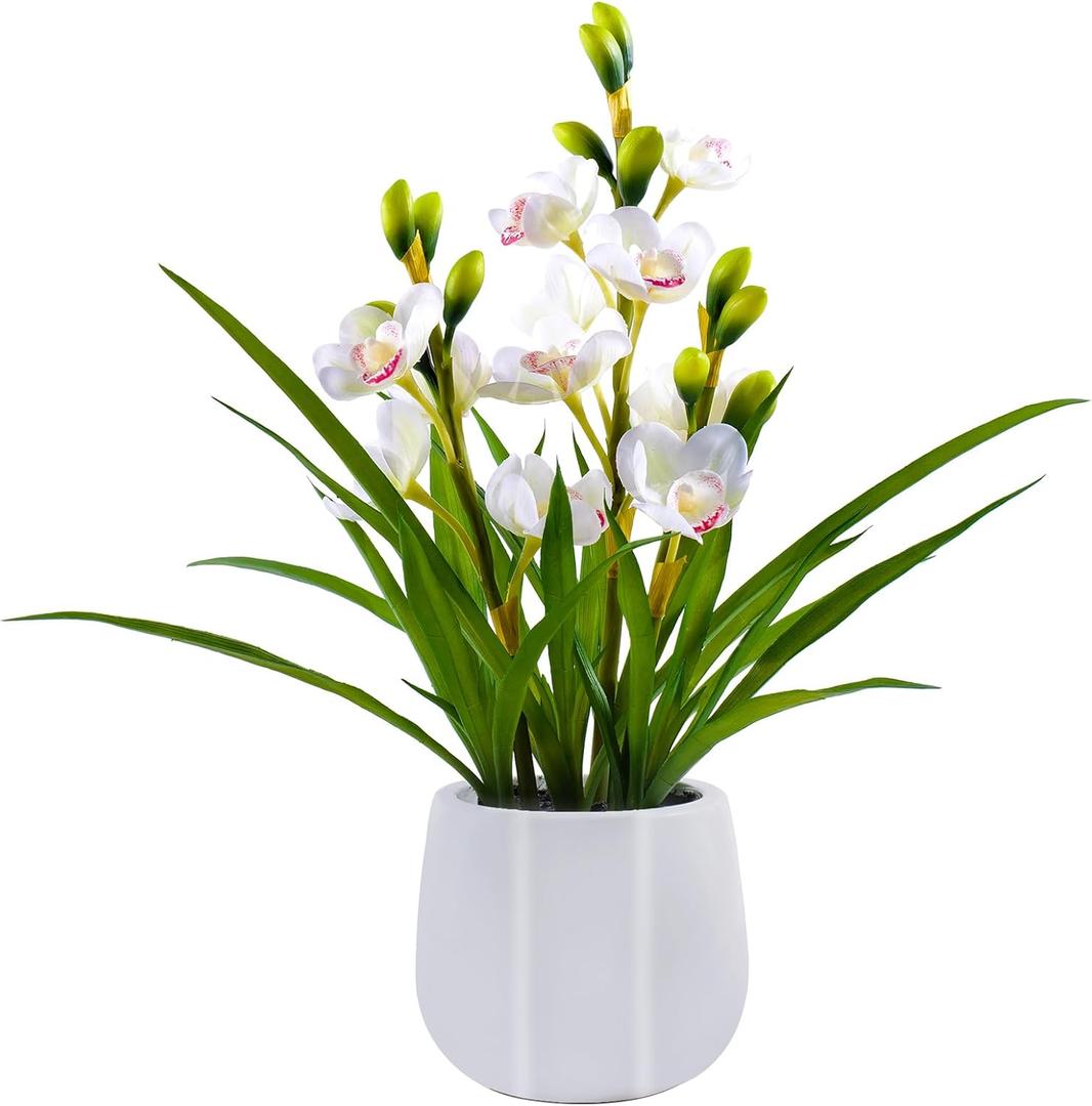 Artificial Orchid Flowers Fake Cymbidium Plant in Pot, 19" Tall Faux Orchids for Home Decor Indoor, Lifelike Silk Flowers for Centerpieces Office Arrangement-White