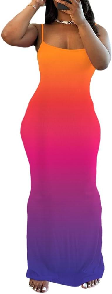 PINSV Women Summer Long Dress Casual Slip Sexy Sleeveless Bodycon Maxi Dresses for Women Multicolor Gradient L