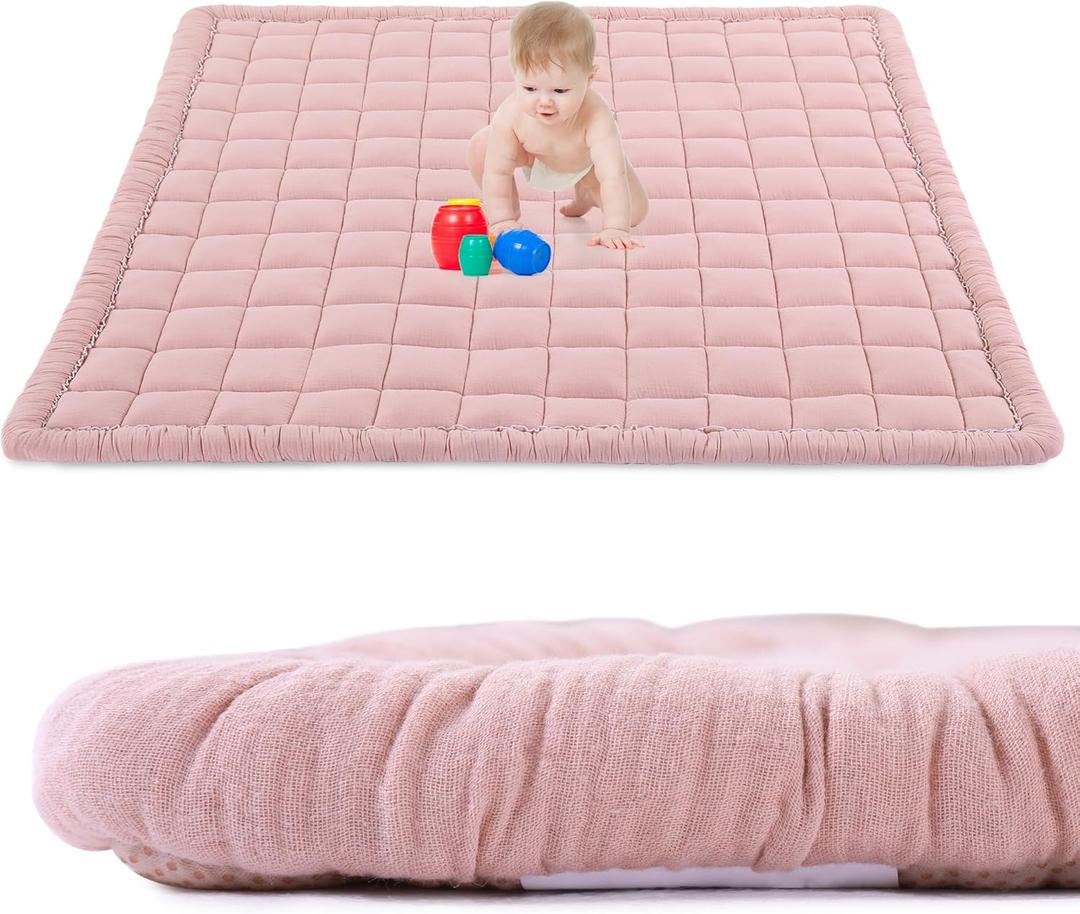 BALAPET 100% Cotton Muslin 50x50 Play Mat for Playpen, Soft Baby Playpen Mat for Kids Toddler Crawling and Play, Non-Slip and Washable Playmat, Pink