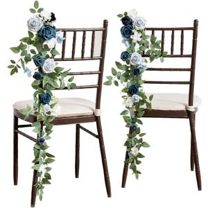 Ling's moment 10pcs Wedding Chair Decorations Aisle Floral Swag Artificial Pew Flowers Hanging Garland Dusty Blue & Navy for Ceremony Reception Church Rose Floral Faux Arrangement Party Outdoor Decor