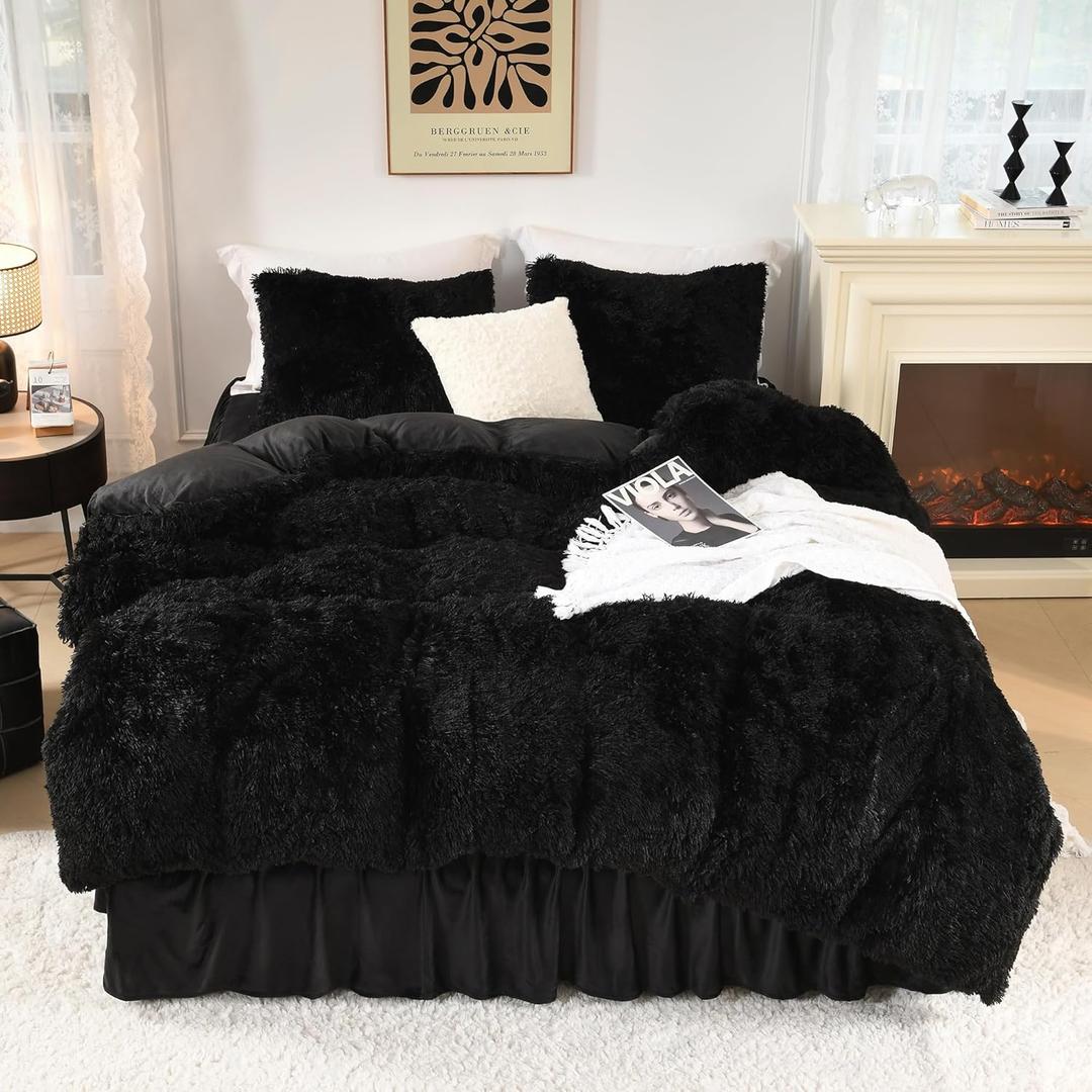 Litanika Black Fluffy Comforter King Size, Luxury Plush Faux Fur Bedding for King, Ultra Soft Warm Velvet Fuzzy Bed Set 3 Pieces(1 Shaggy Comforter 10490 Inch, 2 Pillowcases) Glossy Black