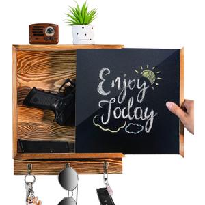 Hidden Gun Storage, Hidden Wall Gun Safe Pistol Rack Shelf with 3 Hooks for Secret Decor Concealment Furniture, Art Storage Cabinet Wooden Storage Shelves Indoor Picture Frame (Charcoal Brown)