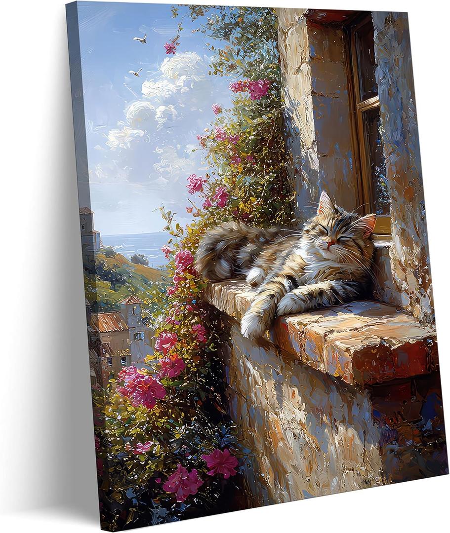 Charming Cat Canvas Wall Art Cute Cat Basking in The Sun Lazily on the Balcony Wall Decor Picture Modern Landscape Animals Poster Print for Living Room Bedroom Artwork Home Decoration 12x16in