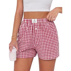 ANRABESS Boxer Shorts for Women Gingham Pajama 2025 Summer Casual Lounge Sleep Plaid Shorts Y2K Beach Bottoms (XX-Large, Red White Plaid)