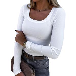 Roselux Womens Long Sleeve Scoop Neck Ribbed Knit Fitted Casual Tops Tee Slim Basic Shirts (Medium, White)