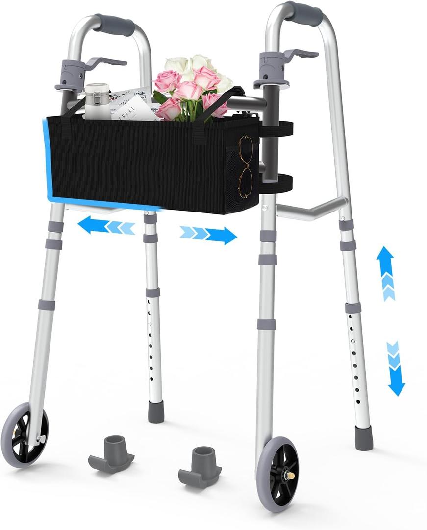 Folding Narrow Walkers for Seniors, Adjustable Width & Height, Standard Walkers with Basket, 2 Skis, 5 Front Wheels, Lightweight Walkers for Elderly & Disabled, Thickened Aluminum Adult Walker