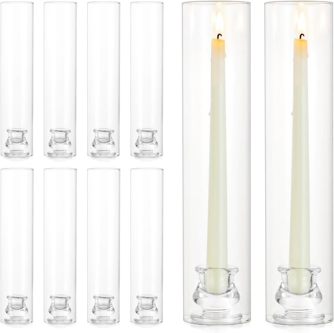NUPTIO Candlestick Holder Bulk for Centerpiece: Set of 10 Hurricane Glass Taper Candles Holder - Clear Candle Stick Stand with Tall Cylinder Shade for Fall Thanksgiving Christmas Party Decor