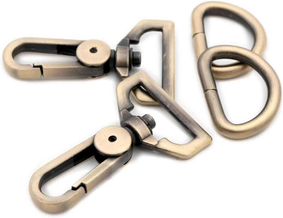 Metal Snap Hooks, with D Drings 6 Sets Purse Hardware Push Gate Swivel Lobster Claw Clasp (Brushed Brass,1")