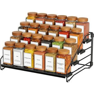 Black Spice Shelf, Tiered Spice Rack Organizer for Cabinet, 4 Tier Countertop Spice Rack, Depth Adjustable Seasoning Organizer for Cabinet