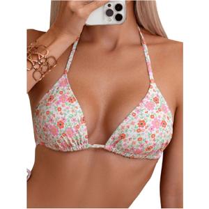 SHENHE Women's Summer Beach Random Vacation Beach Ditsy Printed Halter Bikini Top Floral Pink Green Medium (M)