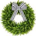 Vlorart 24" Large Boxwood Wreath for Front Door, Artificial Greenery Wreath with Plaid Bow, Full Lush Spring Summer Farmhouse Wall, Window & Wedding Decor