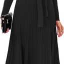 Arach&Cloz Women's Wool Blend Tie Waist Pleated Fall Sweater Dress 2025 (Large, Black)