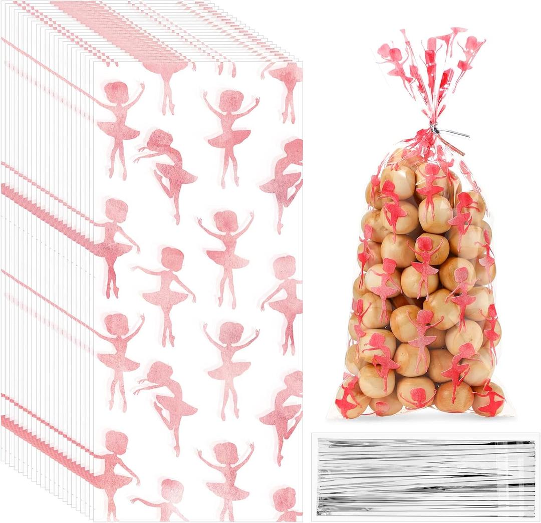 100 Pieces Ballet Cellophane Goody Bags Ballet Girl Plastic Goody Bag Dancing Girls Transparent Candy Bags with 100 Pieces Silver Twist Ties for Ballet Theme Baby Shower Birthday Party Decors, Pink