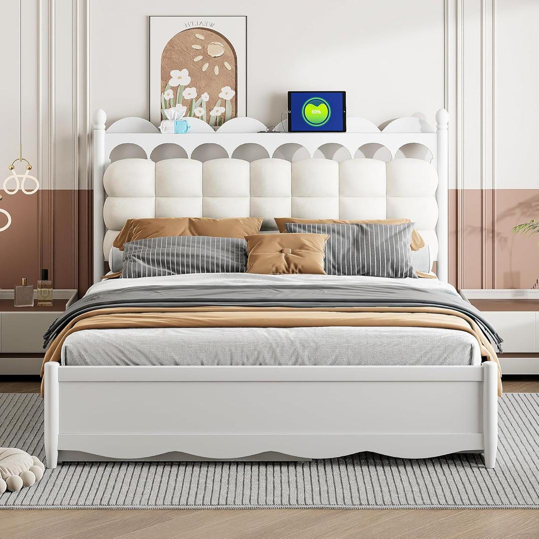 Merax Queen Size Wooden Storage Platform Bed with 2 Big Drawers, Twin-XL Size Trundle, One Set of Sockets & USB Ports, Square Velvet Upholstered Headboard, White