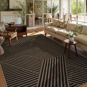 Lahome Modern Geometric Easy Jute Carpet, 6x9 Area Rugs for Living Room Outdoor Patio Washable Indoor Outdoor Dining Room Rug, Farmhouse Large Non Slip Carpet for Bedroom Backyard Office (Black/Nature Geometric-2)