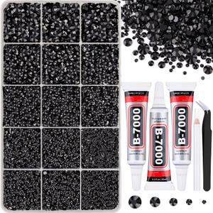 16000Pcs Resin Jelly Rhinestones for Crafting, Black Rhinestones Flatback Gems, Bedazzling Crystal with 3Pcs 10ml B7000 Jewelry Glue for DIY Crafts Clothing Tumblers Shoes Fabric Nail Art