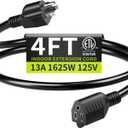 16/3 Black Extension Cord 4 FT, Indoor Extension Cord for Laptops, Coffee Makers, Office Home Appliances, 3 Prong Resistant Cable Flexible, 13A 125V 1625W ETL Listed