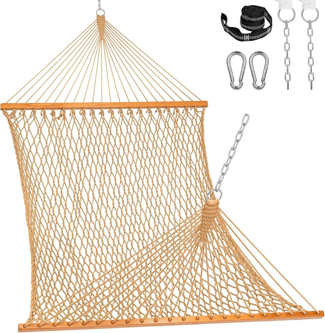 Lazy Daze Hammocks Double Rope Hammock, 2 Person Traditional Outdoor Hand Woven Cotton Rope Hammock with Spreader Bar, Carabiners, Tree Straps, Chains for Patio Yard - Max 450 Lbs, Tan