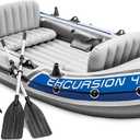 INTEX 68324EP Excursion 4 Inflatable Boat Set: Includes Deluxe 54in Boat Oars and High-Output Pump  Adjustable Seats with Backrest  Fishing Rod Holders  4-Person  1100lb Weight Capacity (Gray)