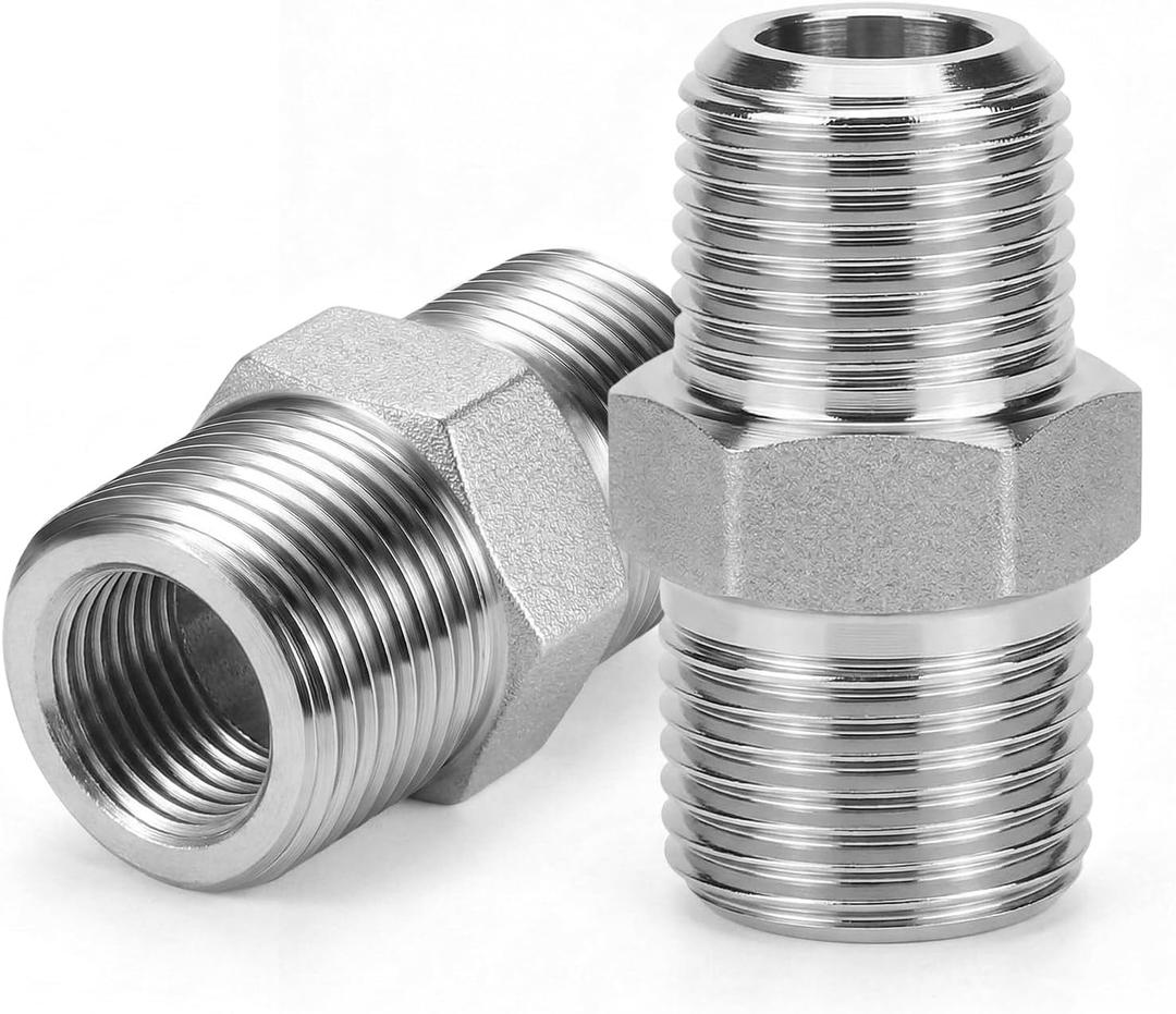 2PCS 1/2" NPT Male Hex Nipple Pipe Fittings - 316 Stainless Steel Industrial Grade 5000PSI Threaded Adapter for Air Compressor, Hydraulic & Gas Line Application