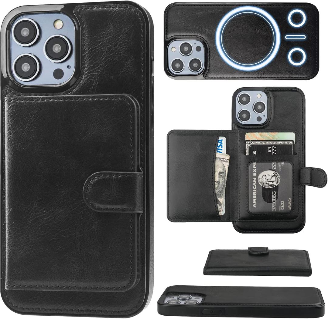 Bocasal Wallet Case for iPhone 14 Pro Max Compatible with MagSafe Magnetic RFID Blocking Detachable Premium PU Leather Flip Case with Card Slots Holder Kickstand Wireless Charging 6.7 Inch (Black)