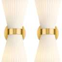 Modern Wall Sconce Set of 2, HWH 2-Light Up Down Wall Light Indoor Vanity Wall Lamp, Brushed Gold Bathroom Vanity Sconce Frosted White Striped Glass Shade, 5HZG97B-2W-2PK BG