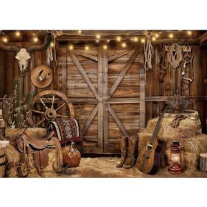 7 x 5 FT Rustic Western Barn Backdrop  Cowboy Country Farm Photography Background with Saddle, Hay, Boots, Lantern, and Wagon Wheel for Rodeo Parties, Western Birthday, and Barn-Themed Decorations
