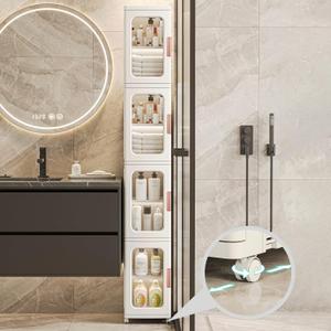 Bathroom Storage Cabinet with Movable Wheels, Slim Storage Cabinet with 4 Doors & Removable Panel, Skinny Bathroom Organizers and Storage for Small Space, Corner, Kitchen, Laundry Unknown Brand