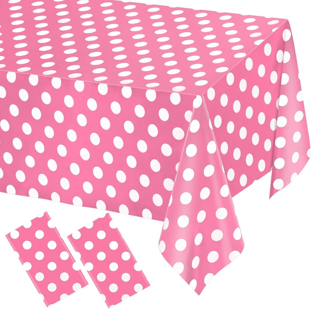 WNINK 2 Pack Pink and White Polka Dot Tablecloths Pink Disposable Plastic Waterproof Table Cover, 54" x 108", for Birthday, Wedding, Bridal Shower, Bachelor, Pink Girl Party, and Picnic