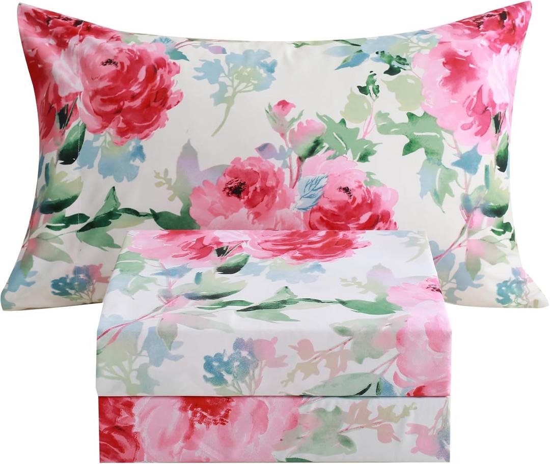 JSD Watercolor Rose Floral Sheet Set Twin Size, 3 Piece Soft Printed Microfiber Sheets Extra Deep Pocket