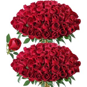 DREAMLOOM 50pcs Roses Artificial Flowers, Fake Roses Realistic with Long Stems Real Touch Silk Flowers Bouquet for Valentine's Day Wedding Anniversary DIY Floral Arrangement Gifts for Her, Red