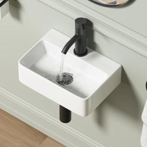 Wall Hung Bathroom Vessel Sink, QISHKA 14.5" X 10" Rectangular Floating Ceramic Wash Hand Basin White Wall Mount Vanity Sink for Small Bathroom and Small Cloakroom