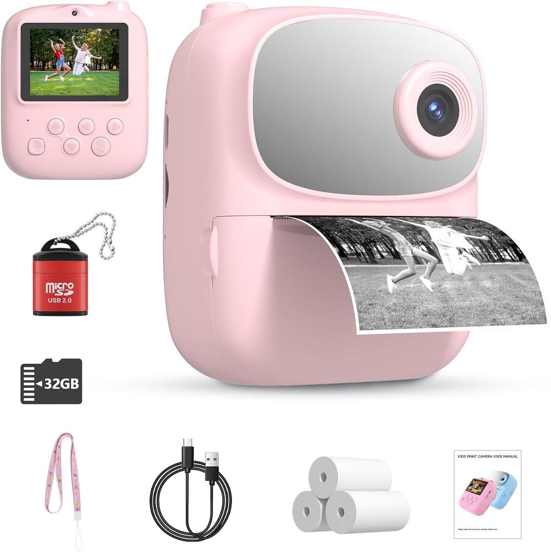 Kids Instant Print Camera 2025, 32GB Memory, Dual Lens with 2.4-Inch Screen and 1080p HD, Nice Gift for Boys and Girls Ages 4-13, Ideal for Toddlers and Teenagers (Pink)
