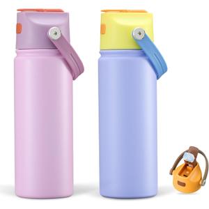 2 PACK 18 OZ Water Bottle for Kids, Stainless Steel Double Insulated Sports Water Bottle, Leak Proof Straw Cup for School, Gifts and Travel, BPA Free (Light Pink, Purple)