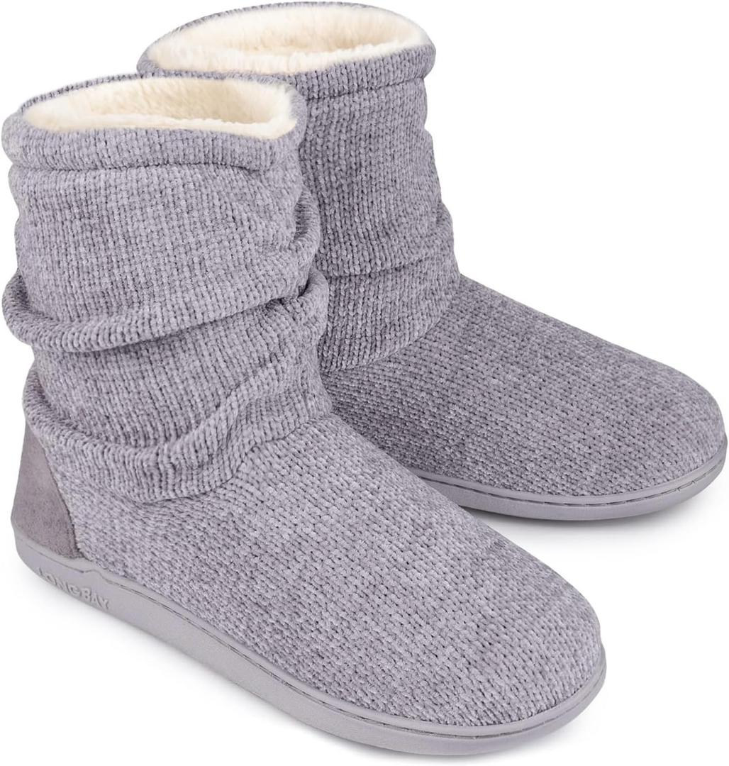 LongBay Women's Cozy Winter Slipper Boots Warm Chenille Knit Bootie Memory Foam Non-Slip Indoor Outdoor House Shoes (9-10, Grey)