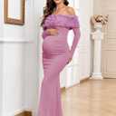 AISWI 3D Floral Off The Shoulder Maternity Dress Sexy Ribbed Mermaid Maxi Bodycon Pregnancy Dresses Baby Shower (Pink, XL)