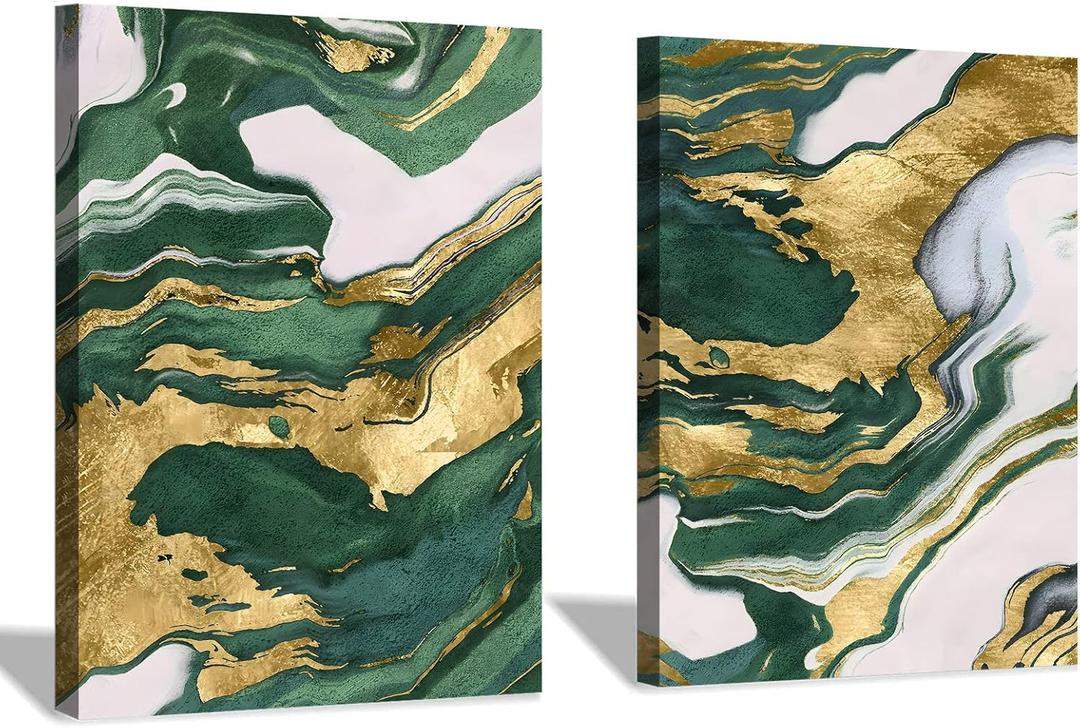 Emerald Green Abstract Marble Modern Trendy Canvas Print Wall Art Gold Foil Artwork for Walls Green Gold and White Picture Abstract Painting Marble Poster 16x24inchx2 No Frame