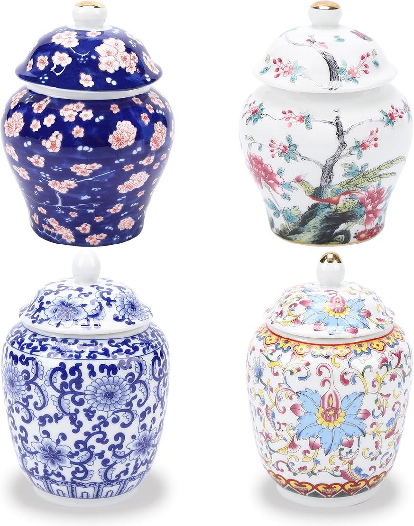 Set of 4 Small Blue and White Chinoiserie Porcelain Vases - Ginger Jars for Home Decor, Bedroom, Living Room, Console Table Top Decor - Table Accent Shelf (Vibrant)