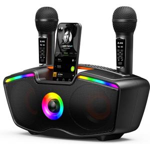 Bluetooth Karaoke Machine for Adults & Kids, 80W Portable Speaker with 2 Wireless Microphones, Echo Adjustment, Support USB/AUX/TF Card, for Outdoor/Indoor Gathering Gifts