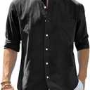 J.VER Men's Cotton Linen Long Sleeve Shirts Casual Button Down Banded Collar Shirt Beach Summer Tops with Pocket Size L