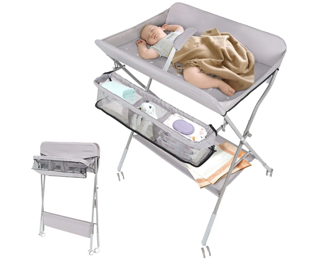 BlissBoard Portable Diaper Changing Table with Wheels for Baby, Mobile Folding Changing Station with 5-Level Adjustable Height and Large Storage Rack & Shelf