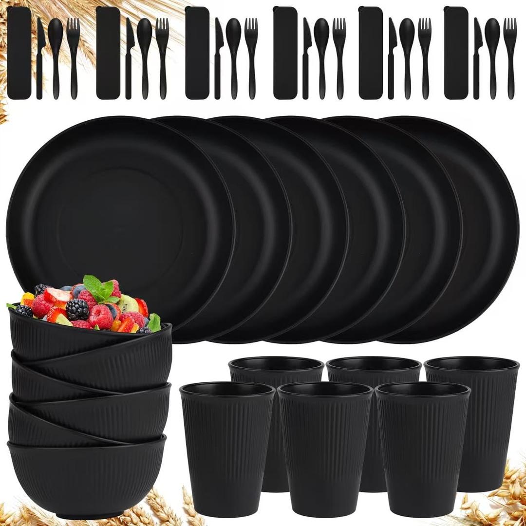 42-Piece Wheat Straw Dinnerware Sets for 6,Unbreakable Plates and Bowls Set,Dinner Plate/Dessert Plate/Cereal Bowl/Cup for Kitchen,Apartment Essentials, Outdoor Camping,Black