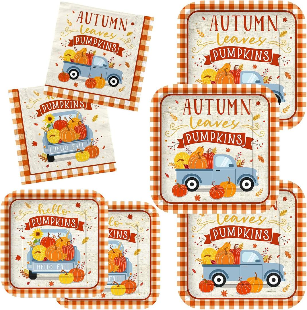 Fall Theme Party Supplies Kit, Serves 50: Complete Autumn Harvest Disposable Dinnerware Set - Includes Paper Dinner & Dessert Plates, Napkins,Thanksgiving/Autumn Party Decorations.