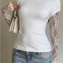 SHENHE Women's Lace Long Sleeve Boat Neck Fitted Tee Fake Two Piece Y2k Going Out Crop Top (White, XS)