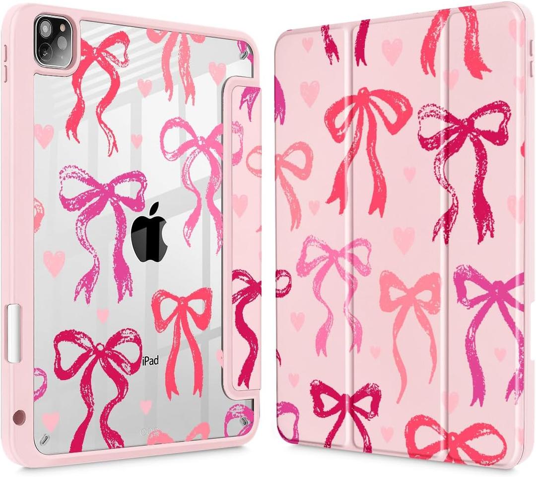 May Chen Case for iPad 12.9 Inch (6th/5th/4th/3rd Generation, 2022/2021/2020/2018), Pencel Holder + Trifold Support Auto Sleep/Wake, Transparent Shockproof Back Cover, Bow Ribbon