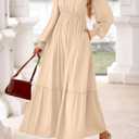 KIRUNDO Casual Fall Dresses for Women 2026 Flowy Long Sleeve Maxi Dress Smocked Empire Waist Square Neck Wedding Party (Yellow, XL)